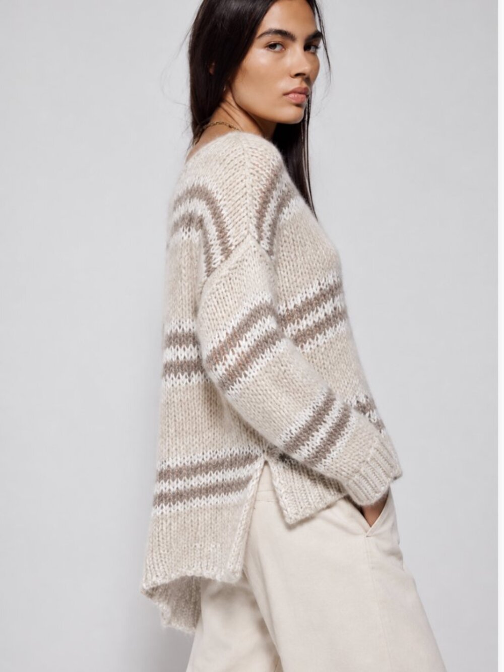 Free People XS Cream Taupe Striped Chunky Knit V Neck High Low Sweater Boho